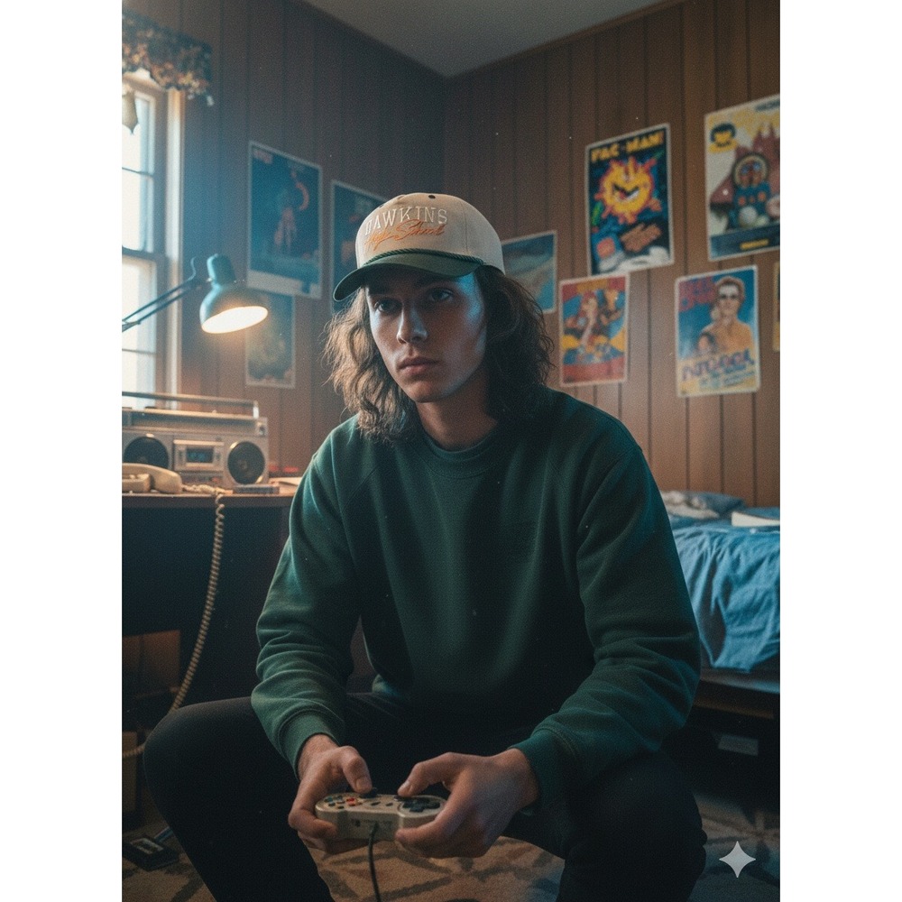 Stranger Things Hawkins High School Retro Snapback Hat Green Tan Baseball Cap - Picture 2 of 5